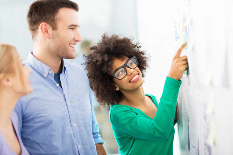 Woman showing man a graph on a whiteboard