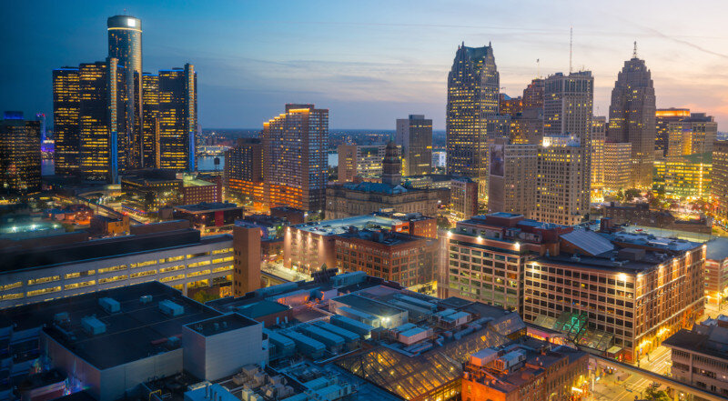 Aerial view of downtown Detroit at twilight