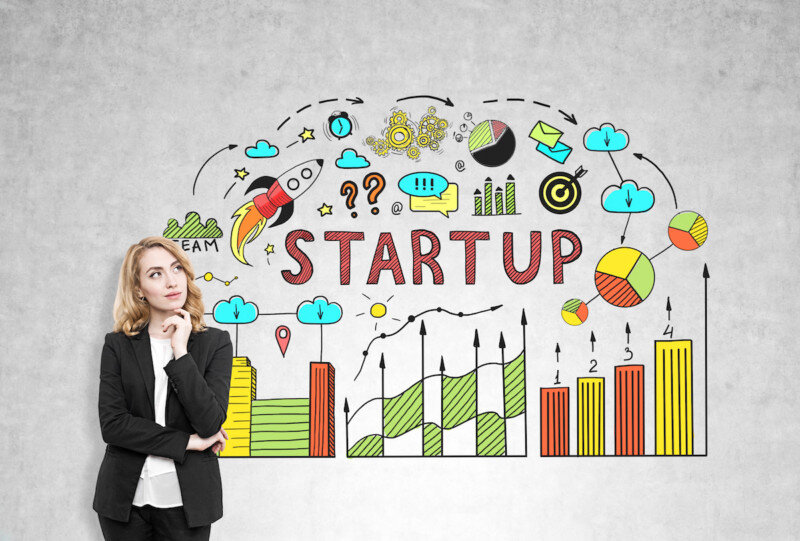 Pensive woman and start up diagram